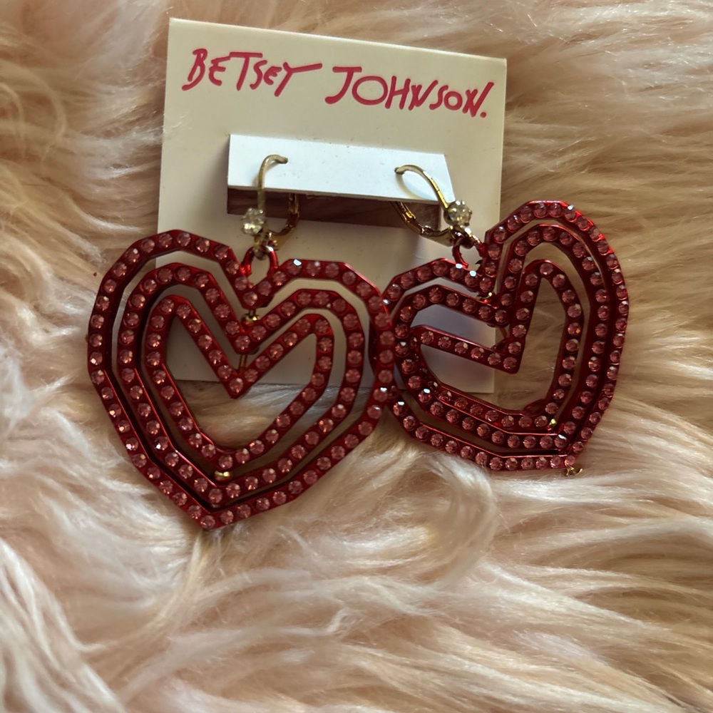 Betsey Johnson Pink-Red Layered Heart Drop Earrings